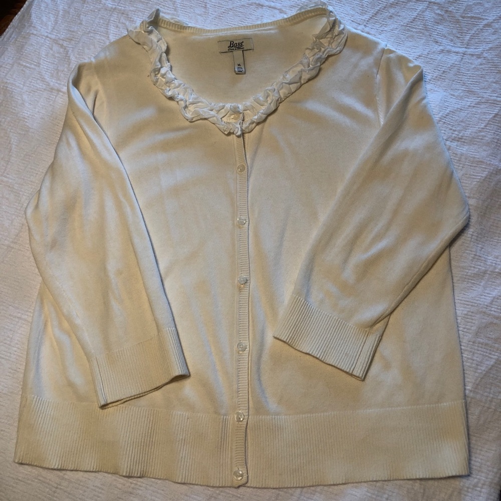 Bass Cream Cardigan Sweater with Ruffle at Neck